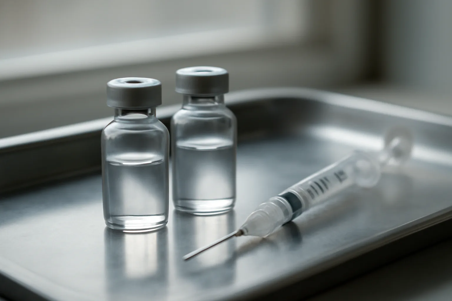 Two unlabeled medication vials and a syringe on a steel tray, representing tirzepatide versus retatrutide comparison