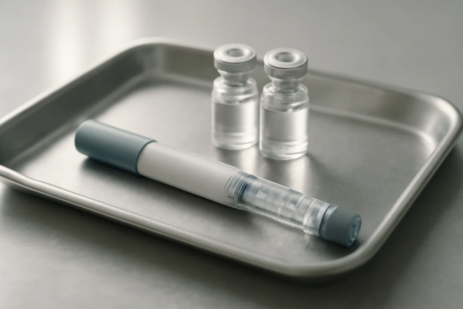 Two injectable medication vials and a pen on a steel tray representing tirzepatide vs semaglutide comparison