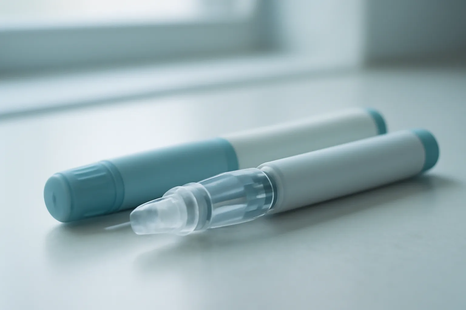 Two unbranded injection pens on a countertop representing tirzepatide versus Wegovy comparison