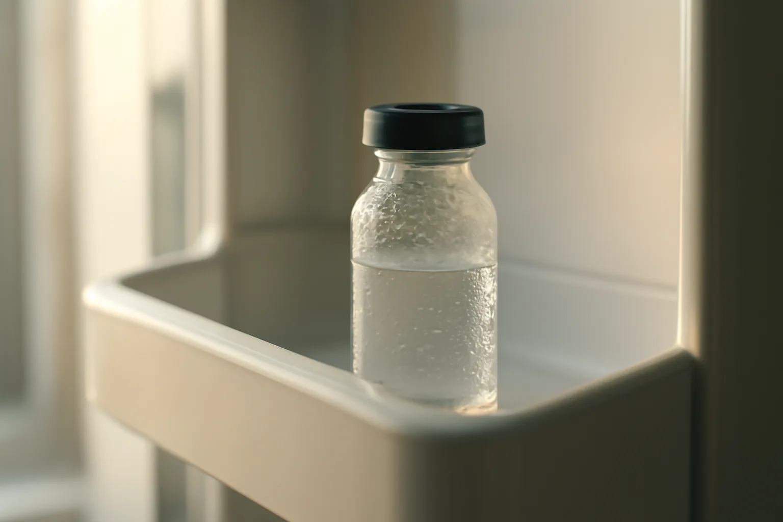 Medication vial stored on a refrigerator door shelf with visible condensation