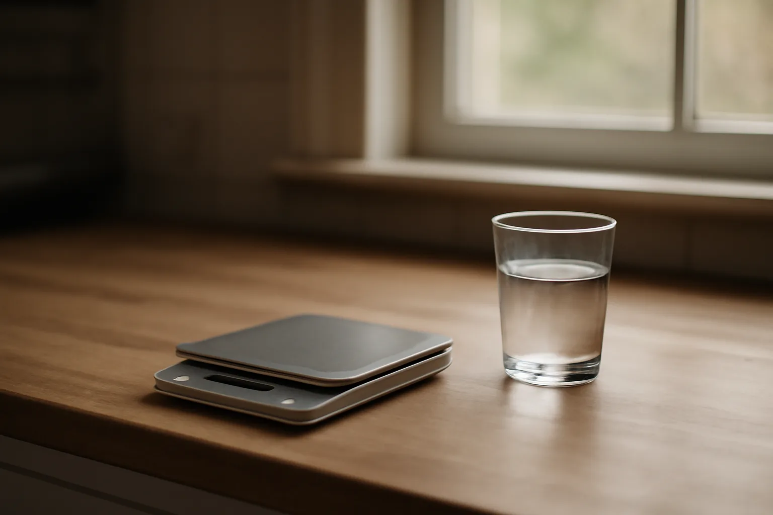 Kitchen scale and water glass in morning light suggesting gradual weight-loss progress