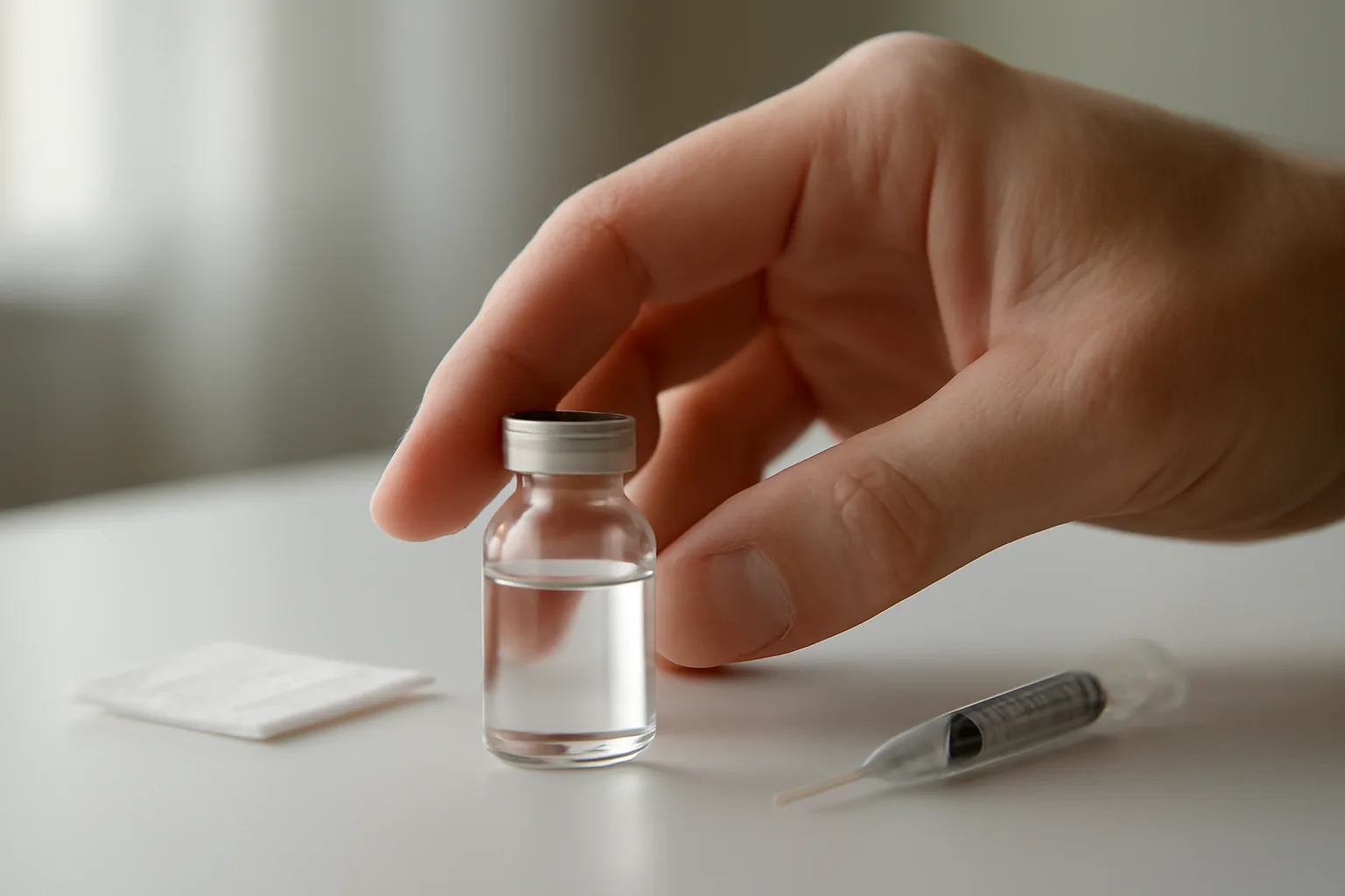 Hand gently swirling a glass vial during tirzepatide reconstitution on a clean surface