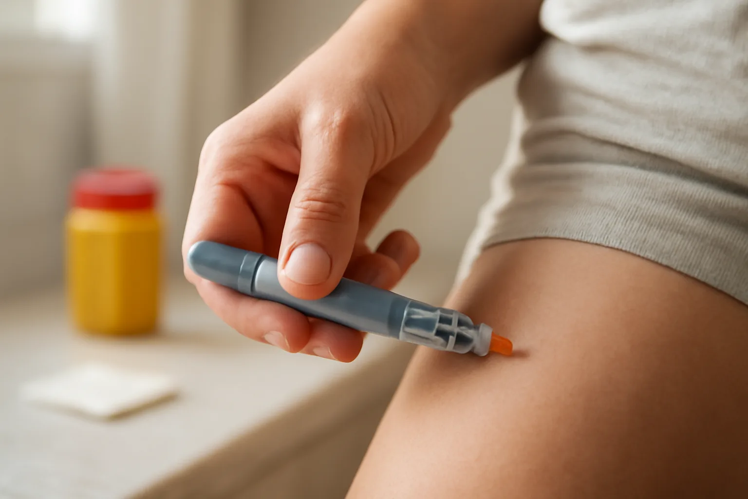 Hand pressing an injection pen against the thigh during a tirzepatide injection