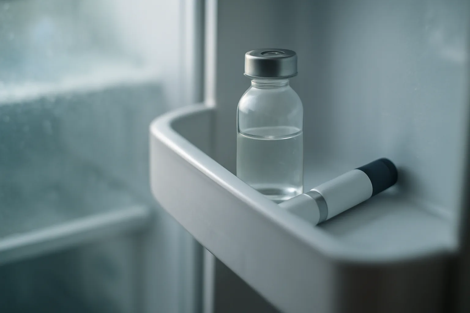 Refrigerated medication vial and pen illustrating tirzepatide storage and shelf life