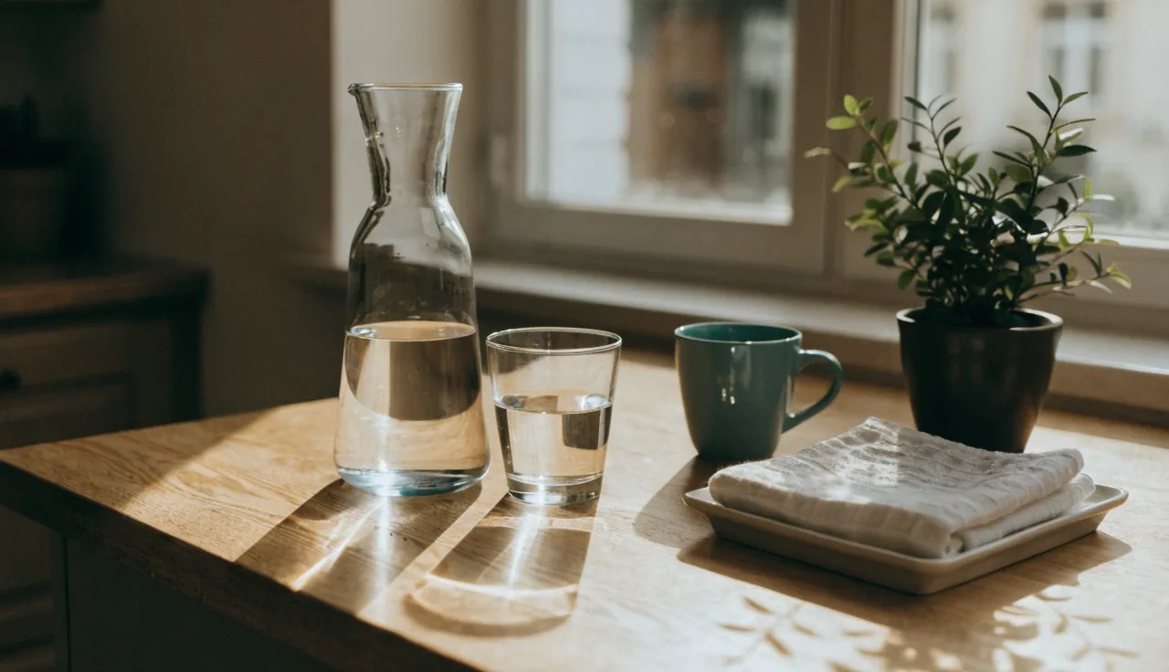 Kitchen counter scene suggesting a weekly medication routine and the passage of time