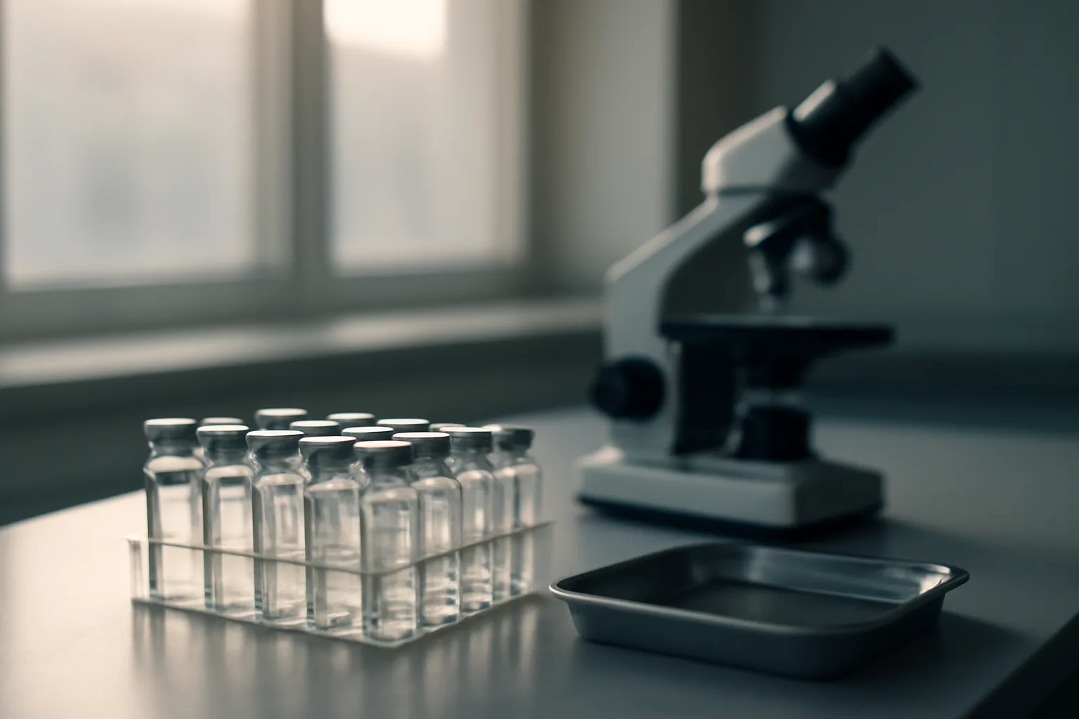 Laboratory bench with glass vials, evoking tirzepatide animal studies vs human evidence research
