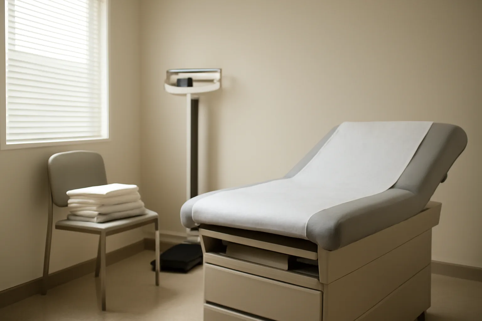 Empty clinical exam room with scale, representing tirzepatide before and after evaluation