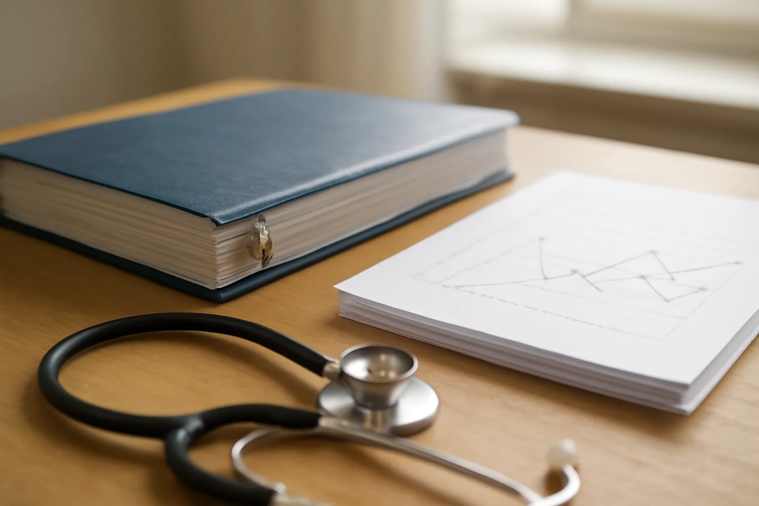 Printed clinical trial charts and stethoscope on a research desk
