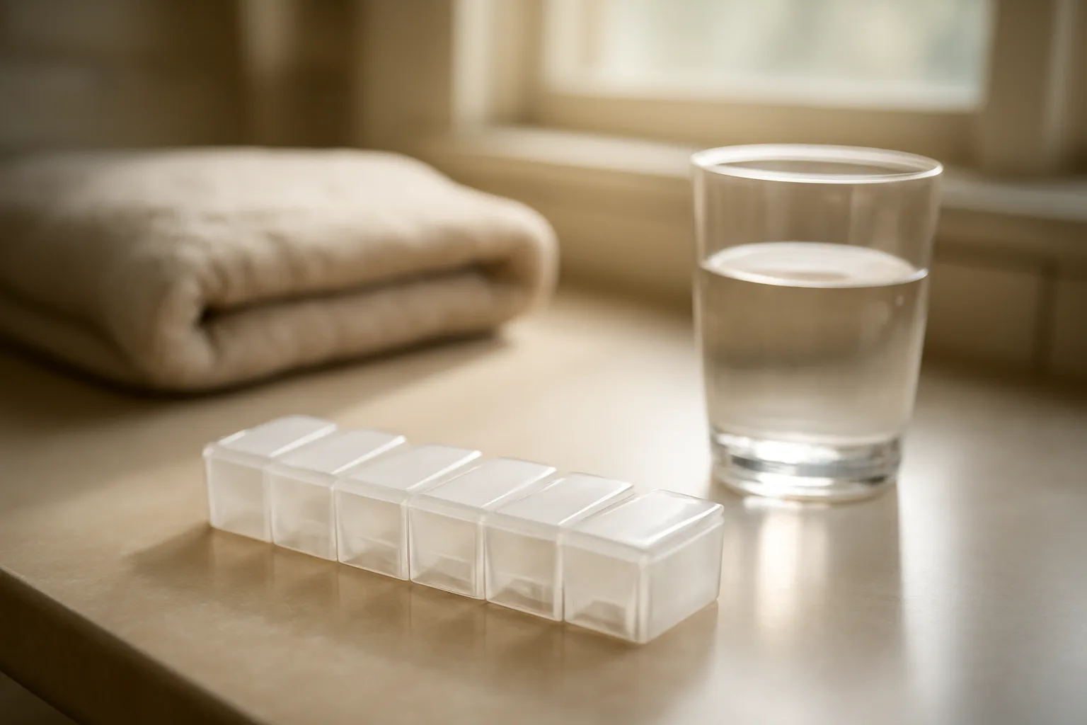 Kitchen counter scene evoking a daily tirzepatide treatment routine with water glass