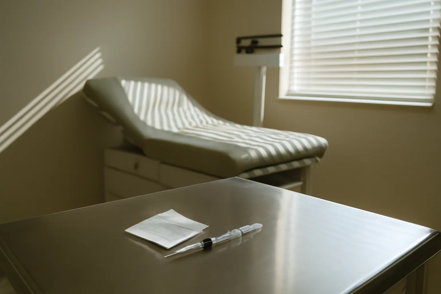 Empty clinical exam room with scale and injection tray, representing tirzepatide treatment setting