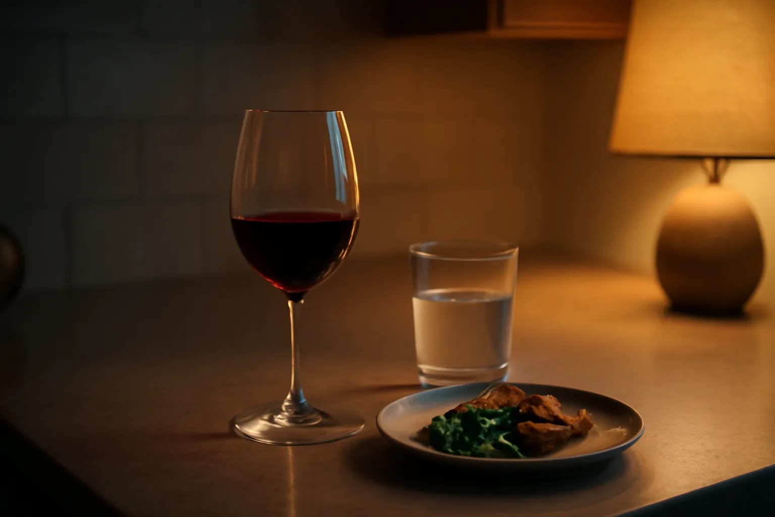 Glass of wine beside a water glass and plate of food on a kitchen counter