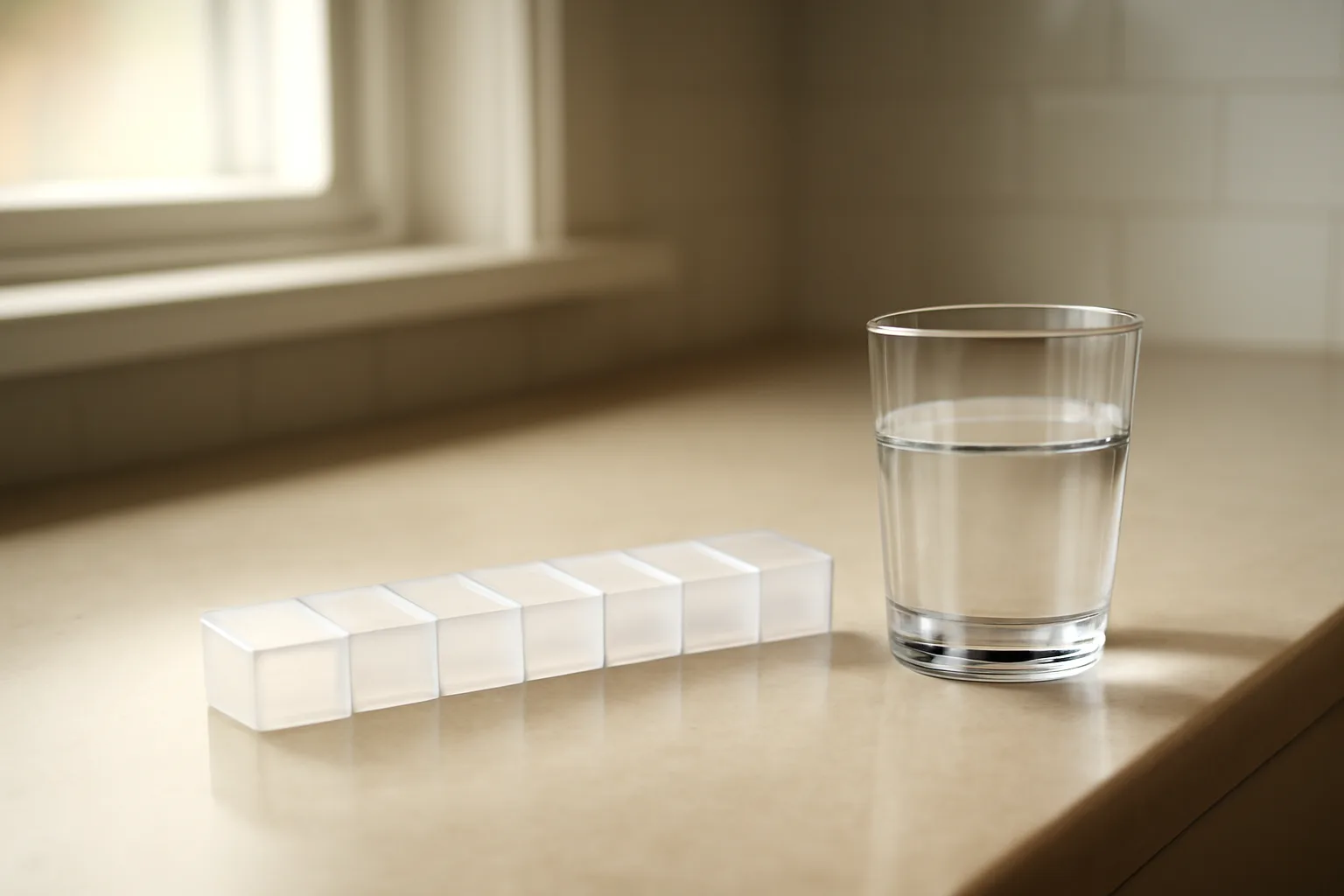 Pill organizer and water glass on kitchen counter representing tirzepatide and antidepressants use