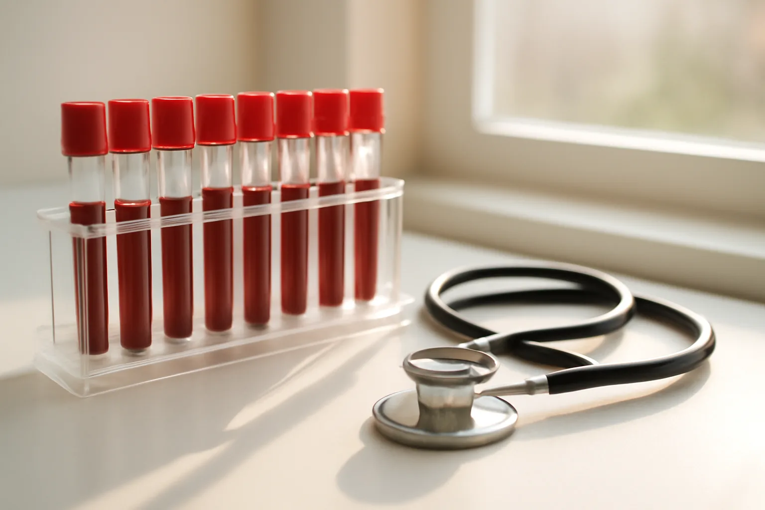 Blood draw tubes and stethoscope on a clinical counter in morning light