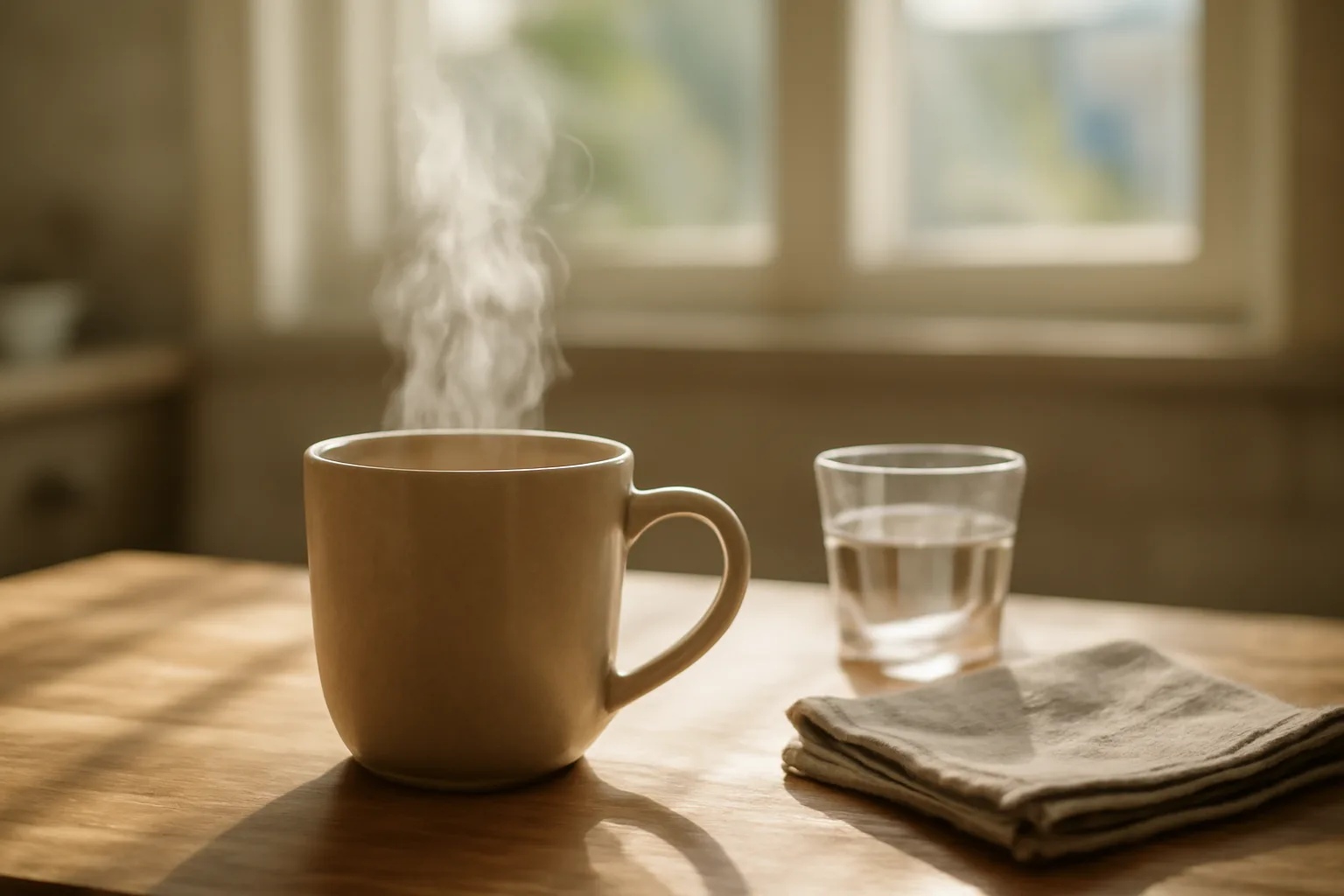 Coffee cup and glass of water on a kitchen counter in morning light