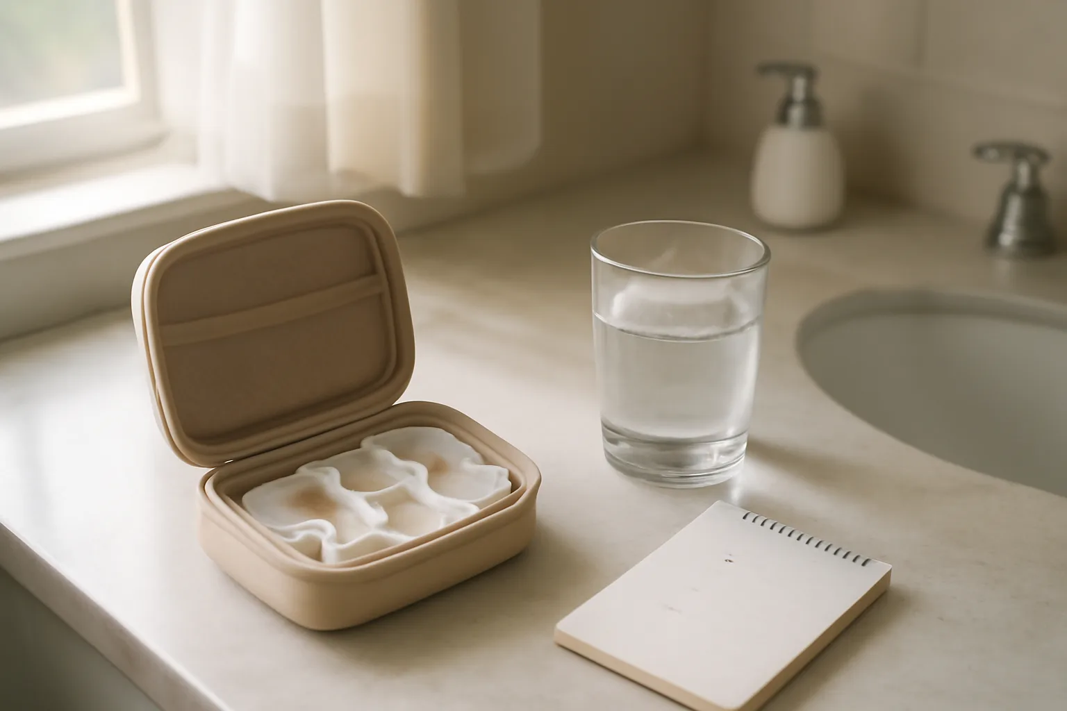 Home counter scene showing tirzepatide injection routine items and a water glass