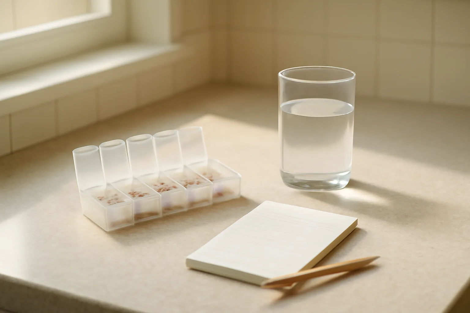 Kitchen counter with pill organizer and water glass representing tirzepatide drug interaction management