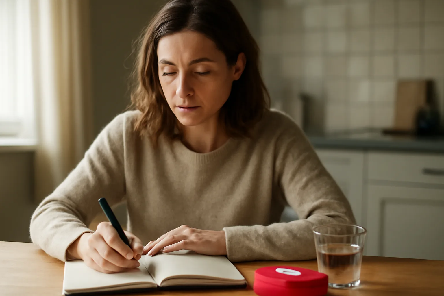 Woman journaling at home in morning light, tirzepatide use context