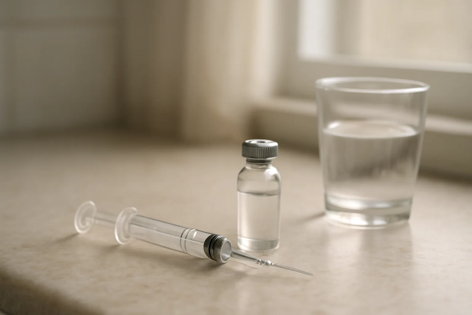 Injection pen and vial on a counter, evoking tirzepatide withdrawal and stopping decisions