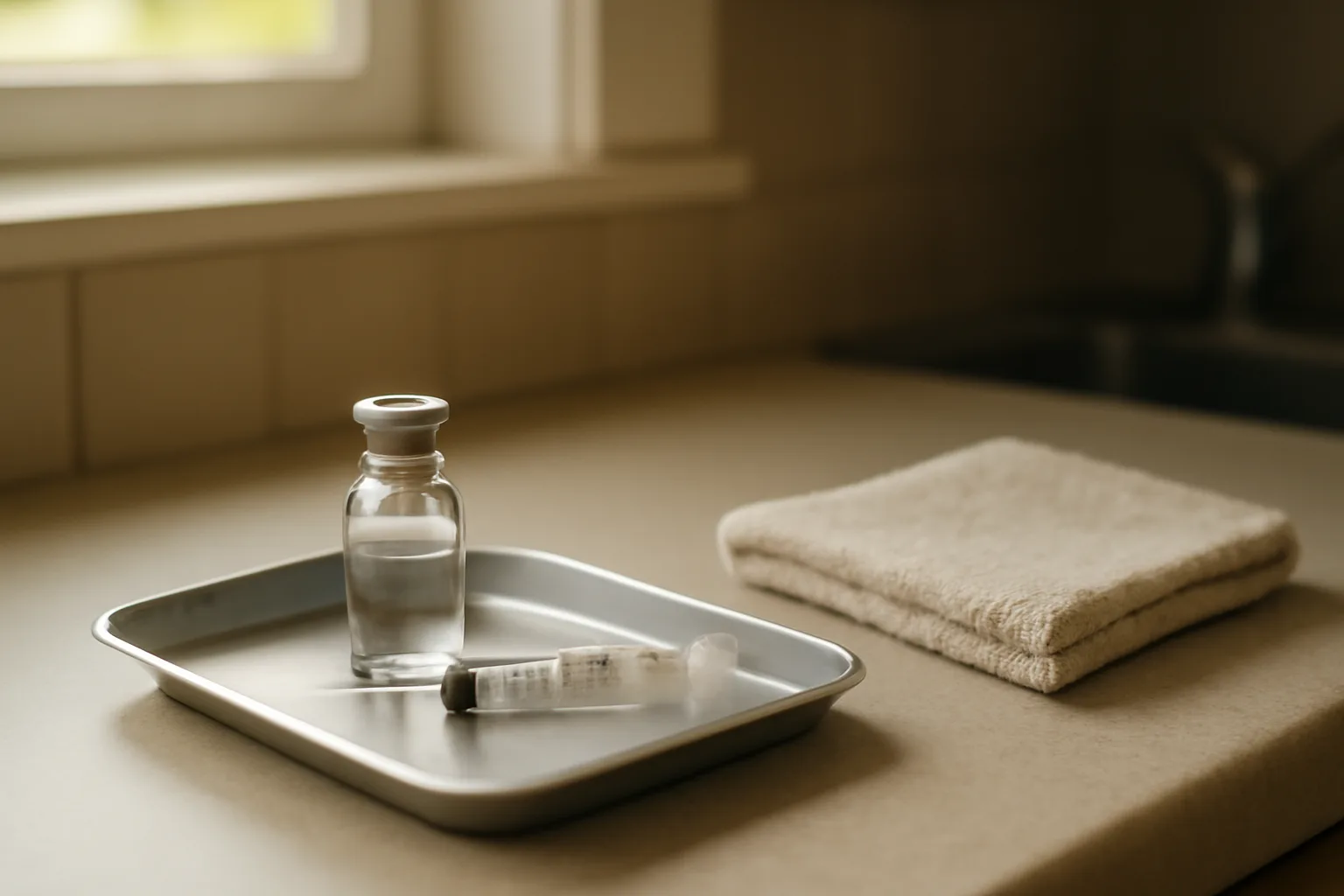 Home kitchen counter with an unlabeled vial and syringe, representing tirzepatide online prescription requirements