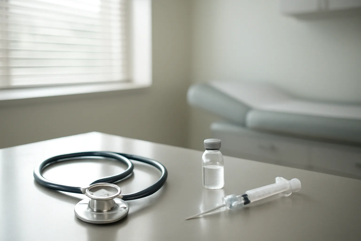 Exam room counter with syringe and vial, representing tirzepatide prescription requirements