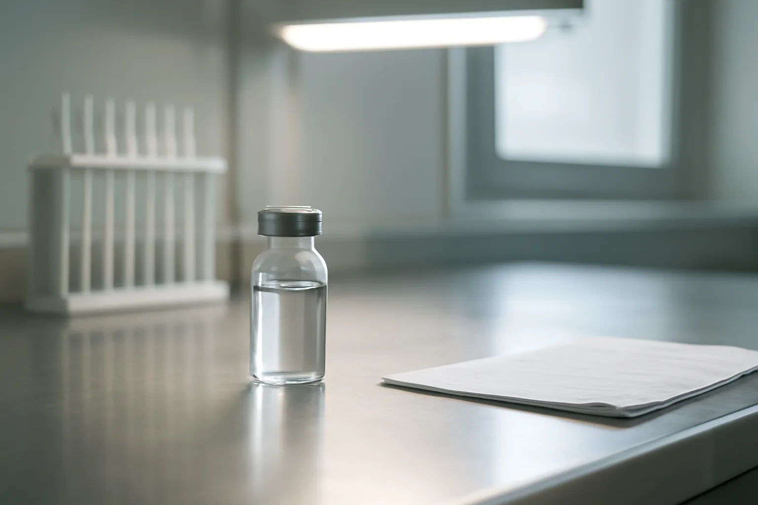 Glass vial and lab equipment on a steel bench representing tirzepatide purity testing