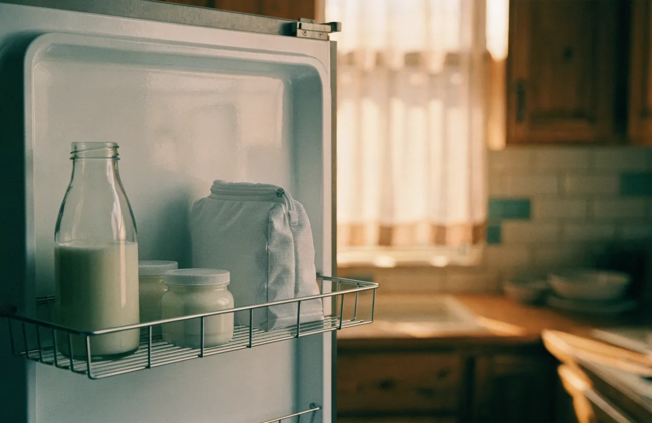 An open refrigerator door in a warm kitchen, a small white insulated pouch standing upright in the door shelf beside a bottle of milk and plain yogurt jars.
